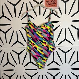 NWT RELLECIGA Bandeau One-Piece Swimsuit Neon Stripes Size L